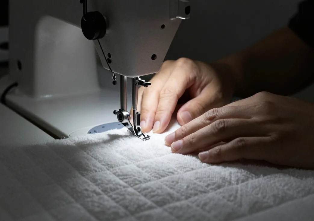 Artisan hands guiding thick quilted fabric under a heavy-duty sewing machine needle, precise stitching