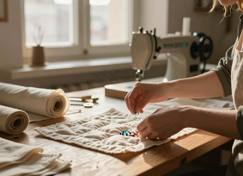 Cozy small atelier workshop at morning light, a seamstress hands carefully pouring glass microbeads into a quilted blanket chamber
