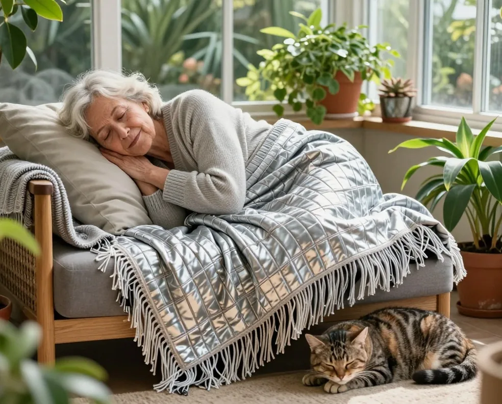 Elderly woman resting in a sunlit conservatory surrounded by green plants with a silver-grey bamboo weighted blanket