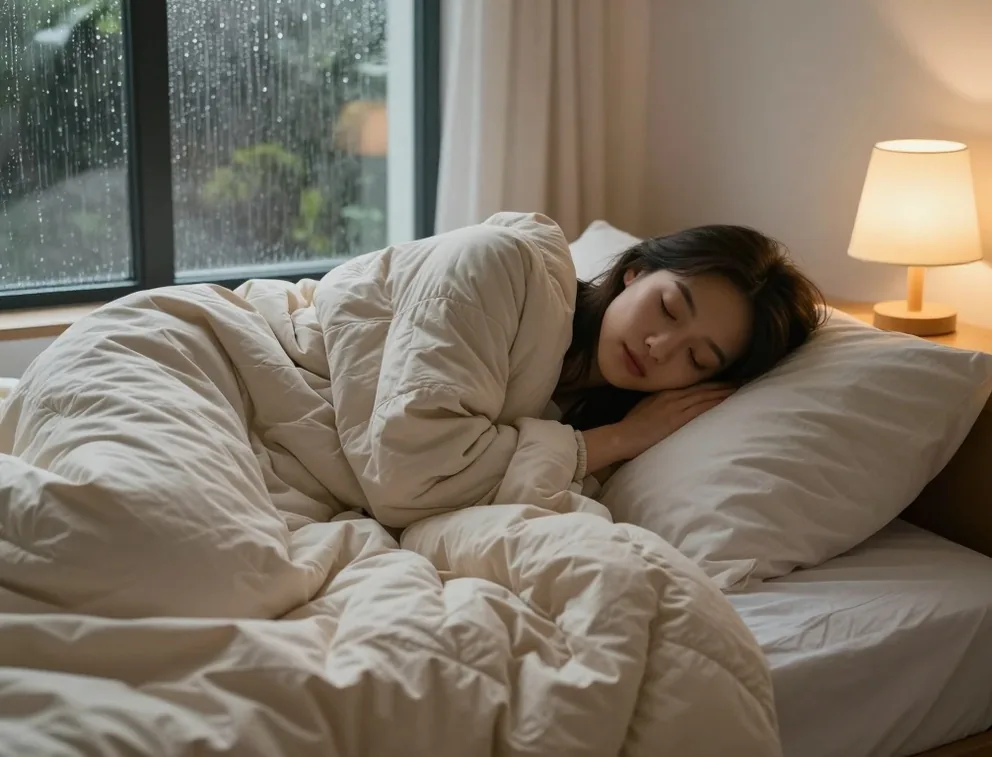 Young woman curled up on a large bed under a heavy oat beige weighted blanket on a rainy autumn evening