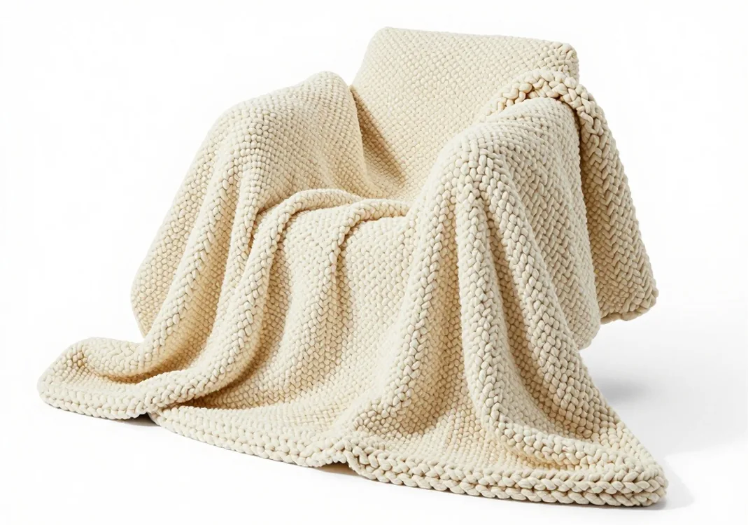 Side view of a hand-knitted chunky chenille weighted blanket in warm cream colour loosely draped over a chair